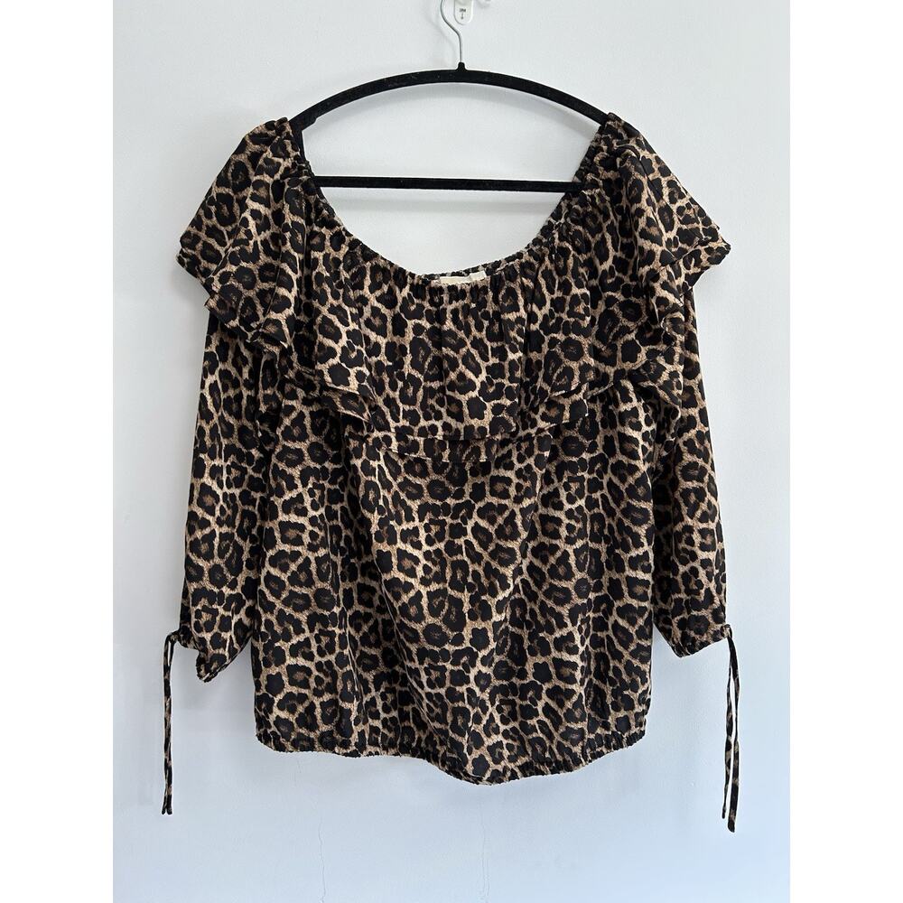 Michael Kors Womens Cheetah Print Ruffle Off the Shoulder Blouse Size OX Brown